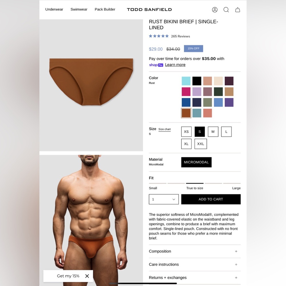Todd Sanfield, Rust, Single Lined, Bikini Brief